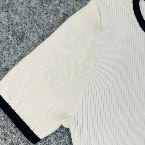 ZESICA WMNS White Ribbed Knit Sweater Large Black Trim Preppy Stretchy Pullover - Picture 6 of 9